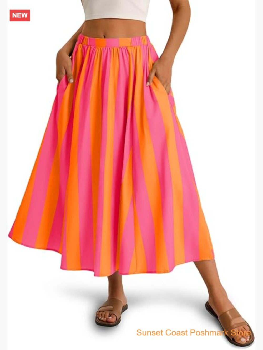Striped A-Line Maxi Skirt Elastic Waist Flowy Beach Outfit